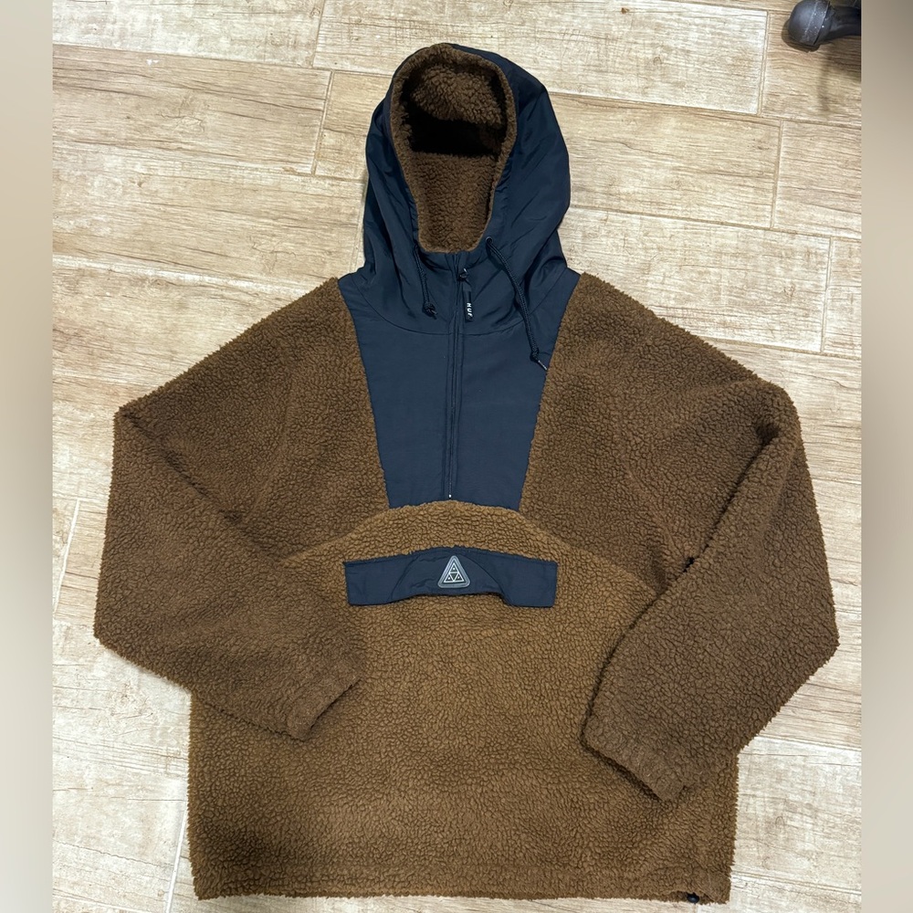 Men’s HUF Sherpa pullover hoodie jacket black/brown Large